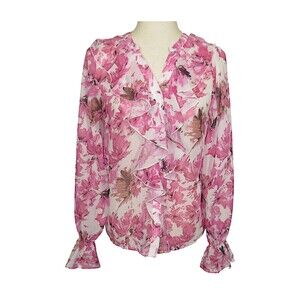 White Pink Floral Chiffon Balloon Sleeve Ruffled Front Feminine Blouse Size S